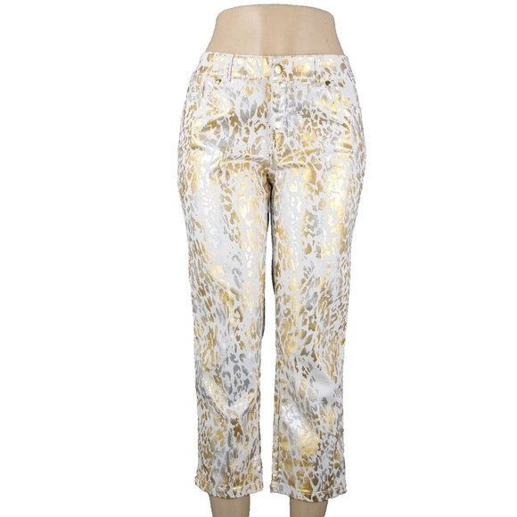 Chicos Platinum Denim Sz 0.5 x 24 White Gold Silver Animal Print Cotton Jeans - Picture 2 of 14